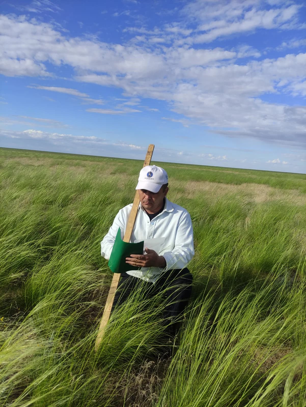 Researcher taking notes during pasture measurement